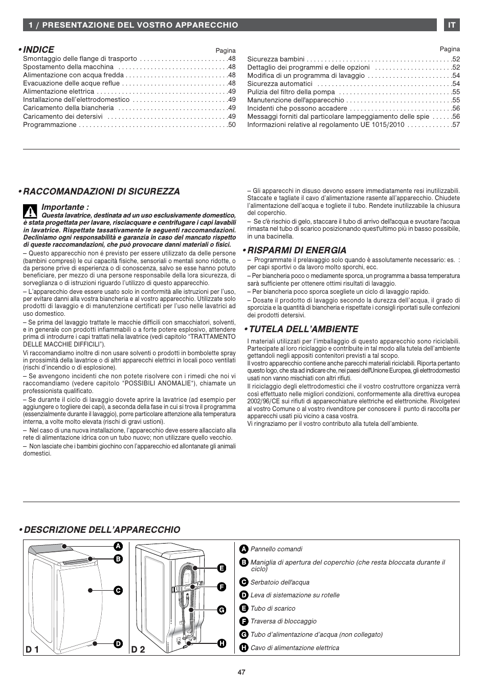 Indice, Raccomandazioni di sicurezza, Risparmi di energia | Tutela dell’ambiente, Descrizione dell’apparecchio d 1 d 2 | Fagor FET-6412WS User Manual | Page 47 / 60