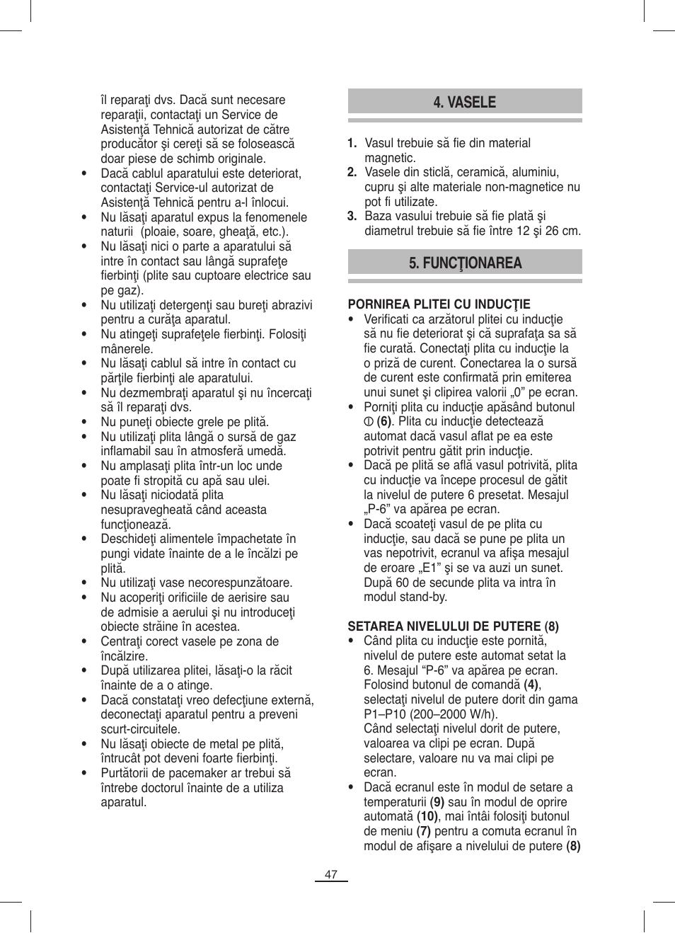 Vasele, Funcţionarea | Fagor IP-400B User Manual | Page 48 / 50