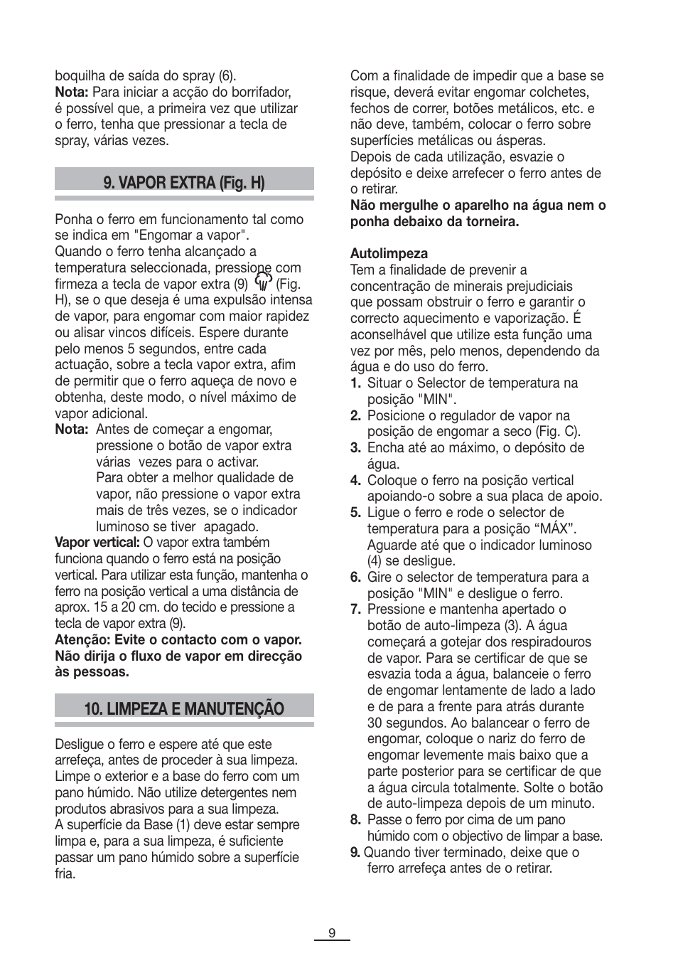 Vapor extra (fig. h), Limpeza e manutenção | Fagor PL-2700 User Manual | Page 10 / 73