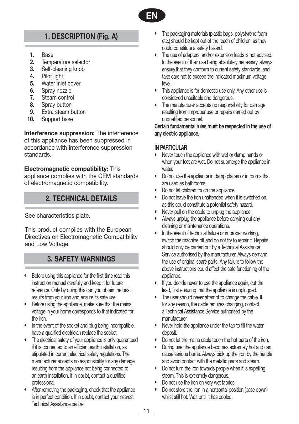 Safety warnings, Description (fig. a) 2. technical details | Fagor PL-2700 User Manual | Page 12 / 73