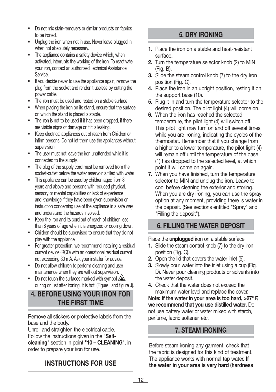 Before using your iron for the first time, Dry ironing, Instructions for use 6. filling the water deposit | Steam ironing | Fagor PL-2700 User Manual | Page 13 / 73