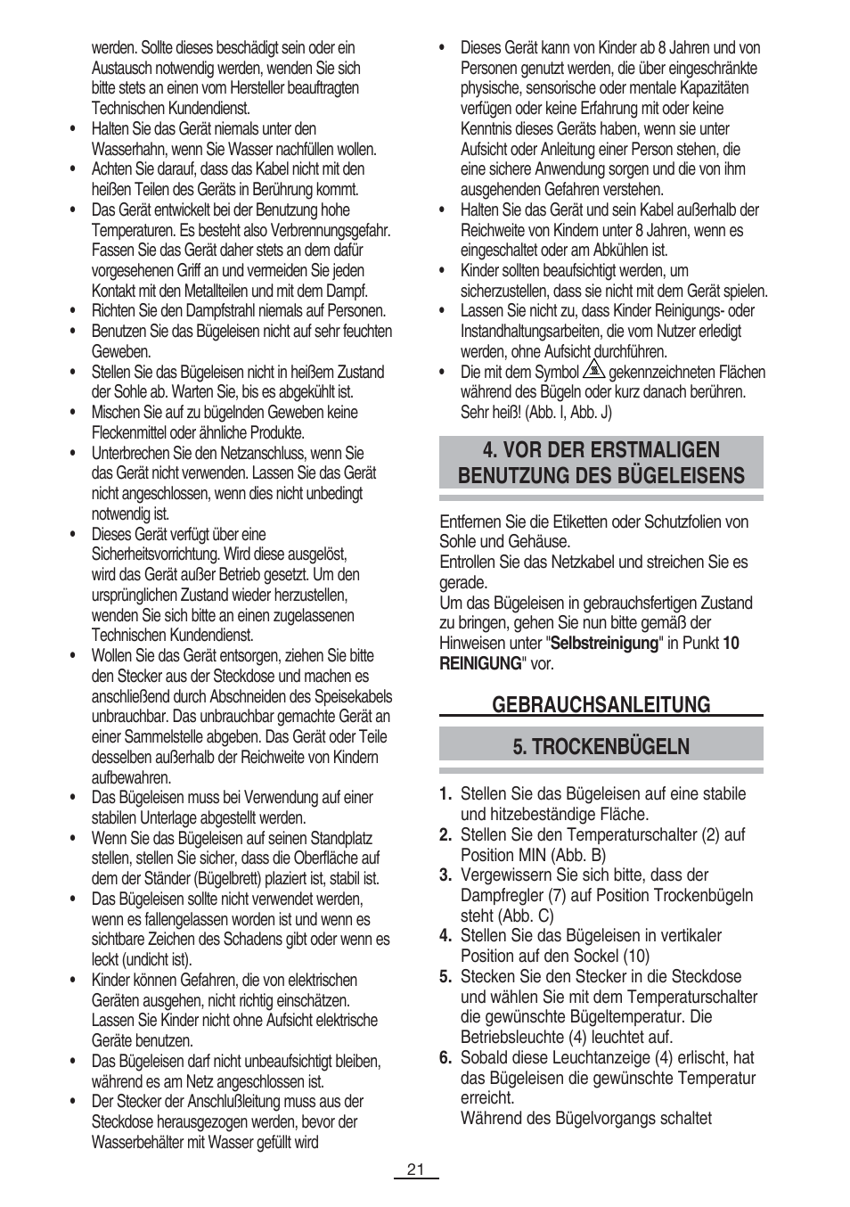 Vor der erstmaligen benutzung des bügeleisens, Trockenbügeln, Gebrauchsanleitung | Fagor PL-2700 User Manual | Page 22 / 73