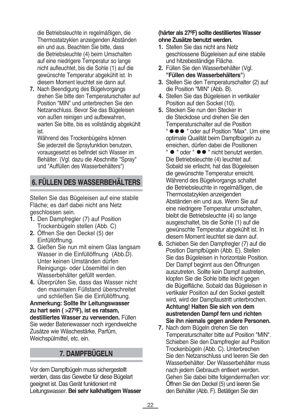 Füllen des wasserbehälters, Dampfbügeln | Fagor PL-2700 User Manual | Page 23 / 73