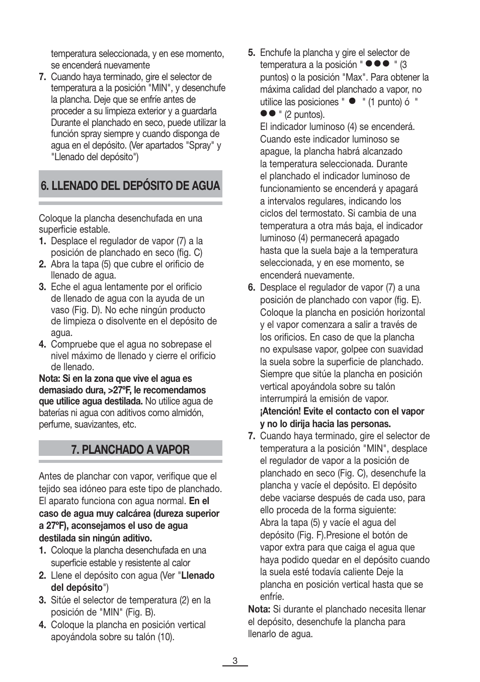 Llenado del depósito de agua, Planchado a vapor | Fagor PL-2700 User Manual | Page 4 / 73