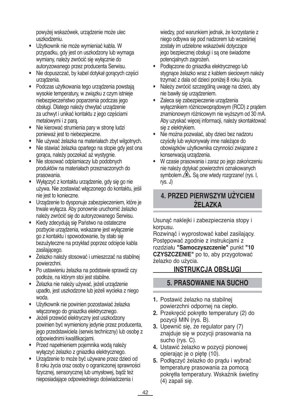 Przed pierwszym użyciem żelazka, Prasowanie na sucho instrukcja obsługi | Fagor PL-2700 User Manual | Page 43 / 73