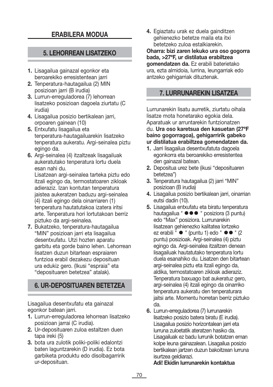 Ur-deposituaren betetzea, Lurrunarekin lisatzea, Lehorrean lisatzeko | Erabilera modua | Fagor PL-2700 User Manual | Page 71 / 73