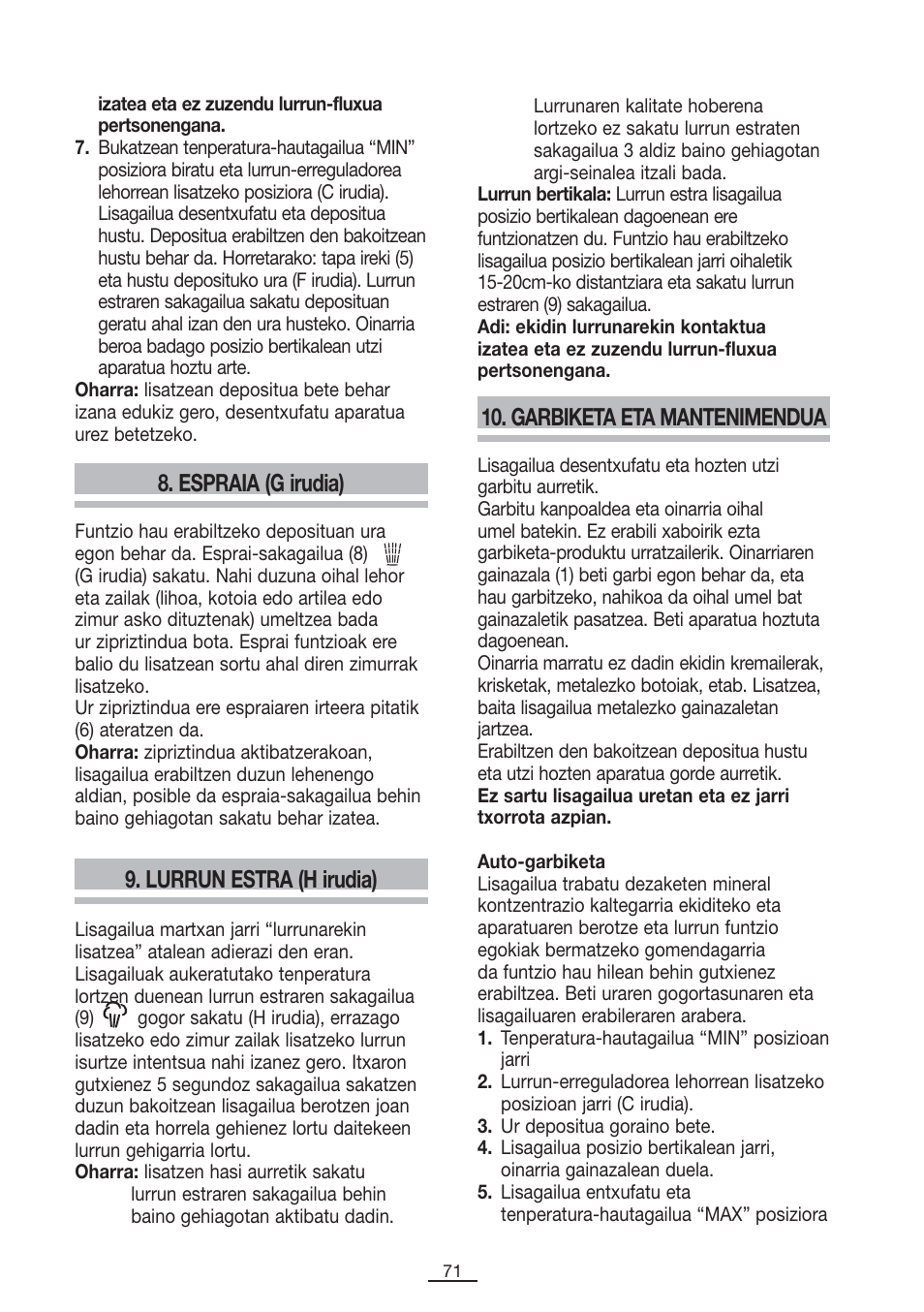 Lurrun estra (h irudia), Garbiketa eta mantenimendua, Espraia (g irudia) | Fagor PL-2700 User Manual | Page 72 / 73