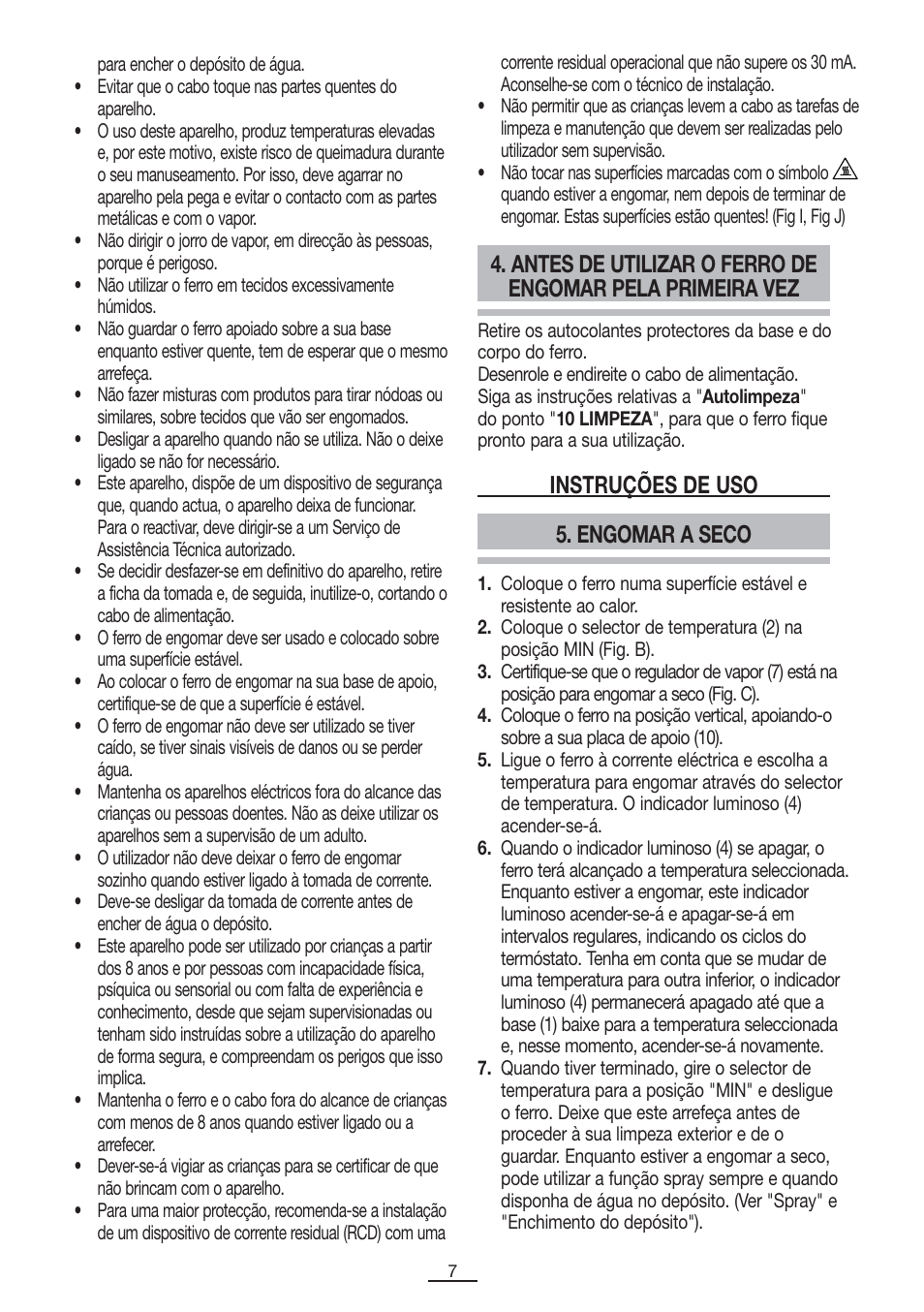 Engomar a seco, Instruções de uso | Fagor PL-2700 User Manual | Page 8 / 73