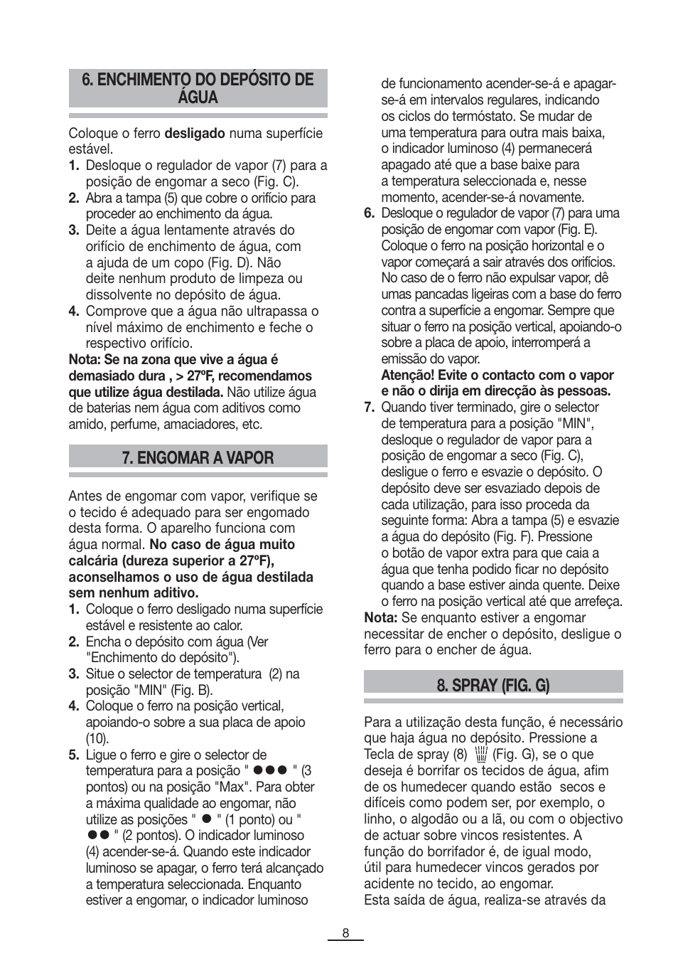 Spray (fig. g) 6. enchimento do depósito de água, Engomar a vapor | Fagor PL-2700 User Manual | Page 9 / 73