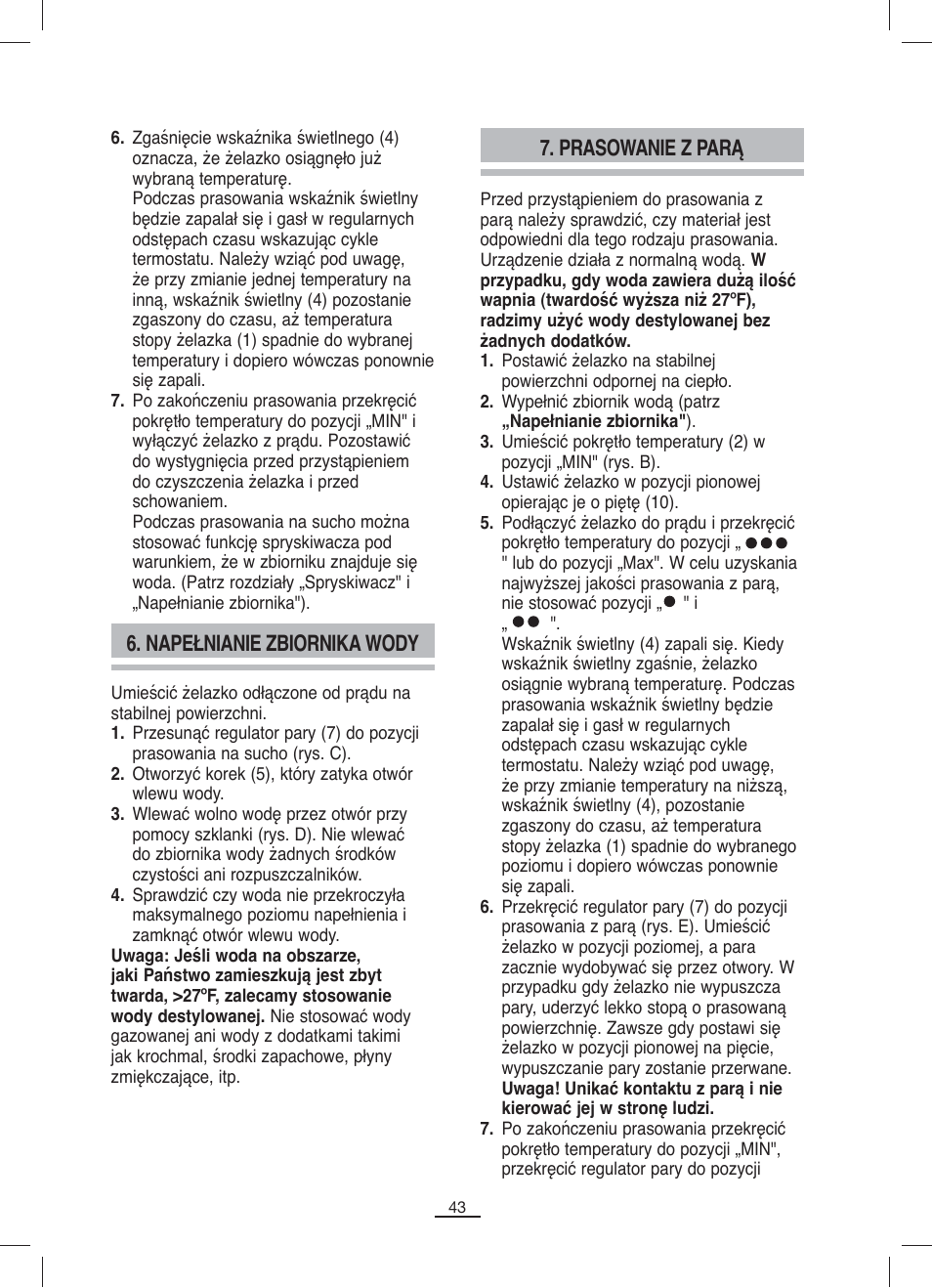 Napełnianie zbiornika wody, Prasowanie z parą | Fagor PL-2205 User Manual | Page 44 / 68