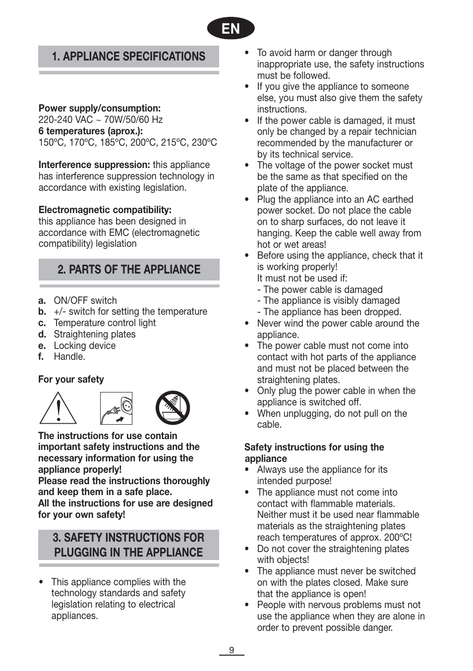 Safety instructions for plugging in the appliance, Parts of the appliance 1. appliance specifications | Fagor PP-100 User Manual | Page 10 / 46