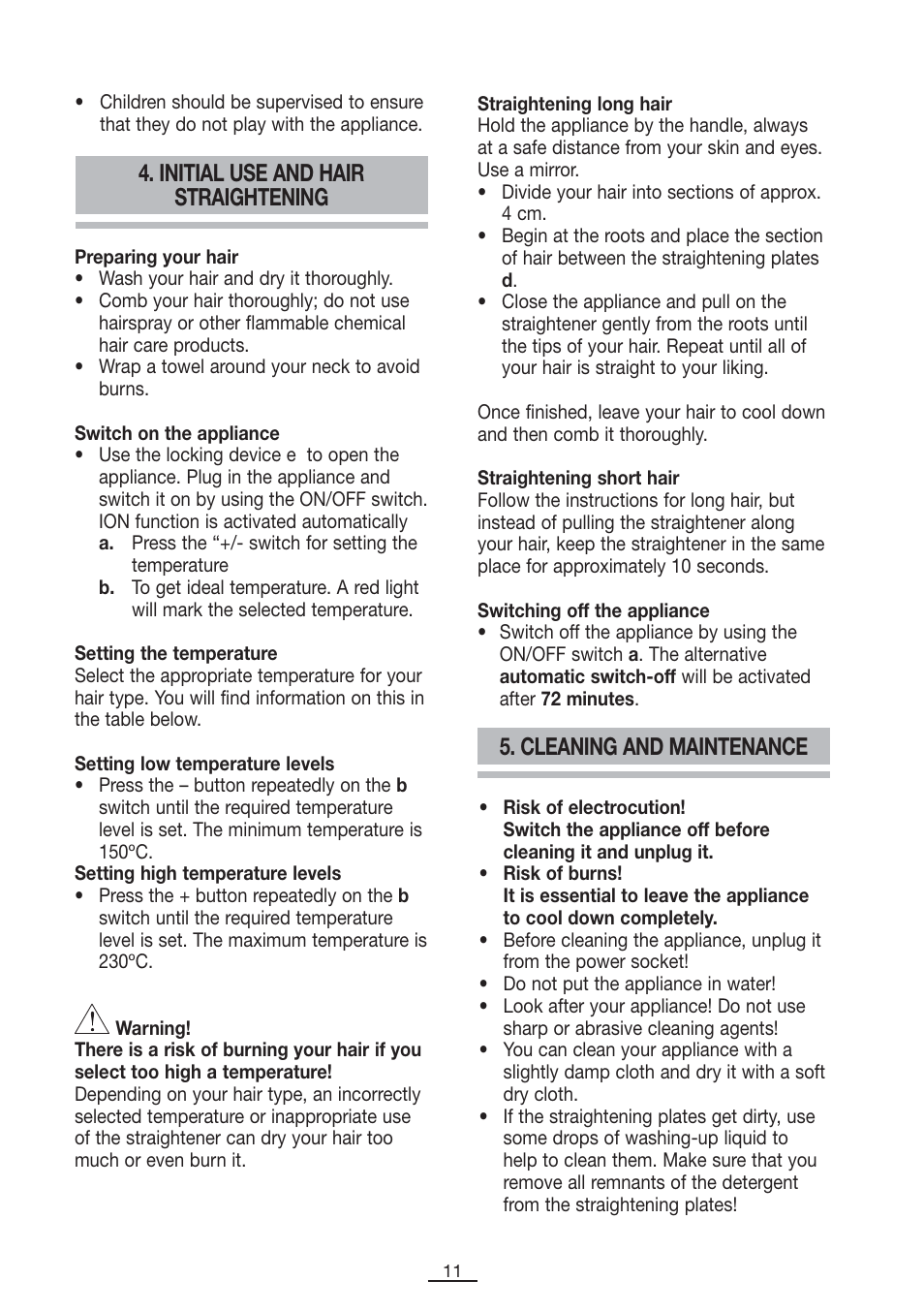 Initial use and hair straightening, Cleaning and maintenance | Fagor PP-100 User Manual | Page 12 / 46
