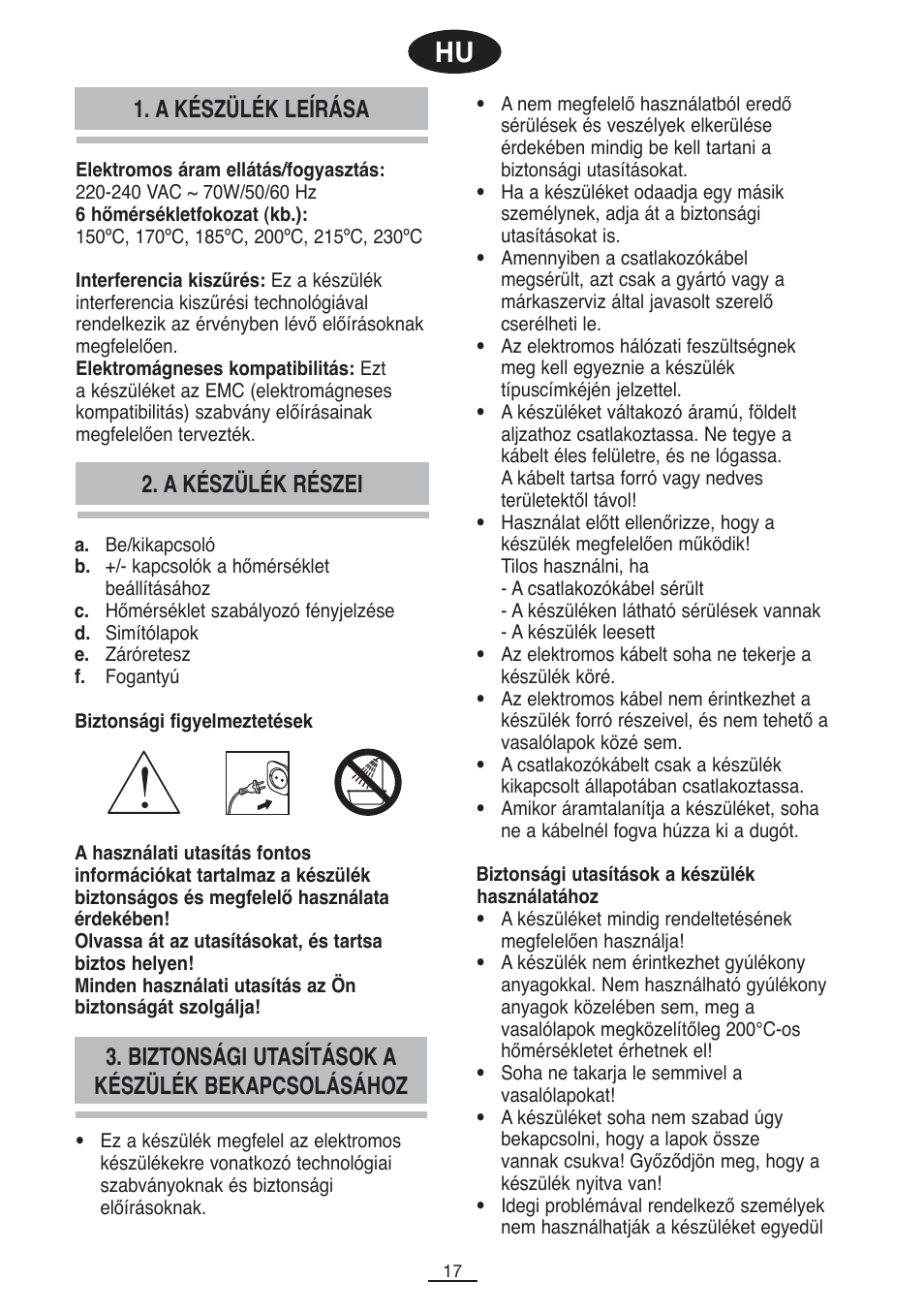 Biztonsági utasítások a készülék bekapcsolásához, A készülék részei 1. a készülék leírása | Fagor PP-100 User Manual | Page 18 / 46
