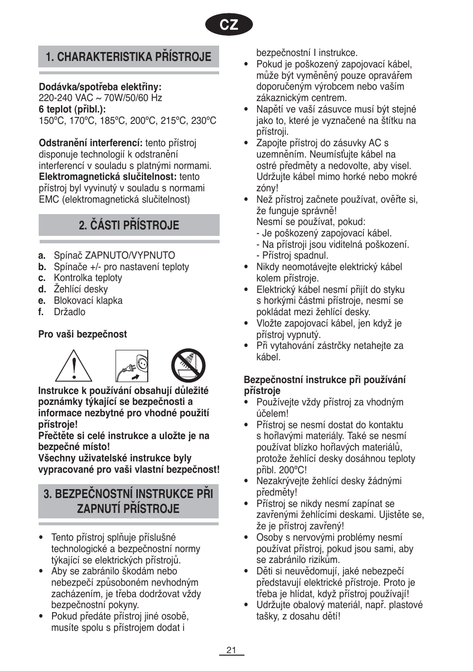 Bezpečnostní instrukce při zapnutí přístroje, Části přístroje, Charakteristika přístroje | Fagor PP-100 User Manual | Page 22 / 46