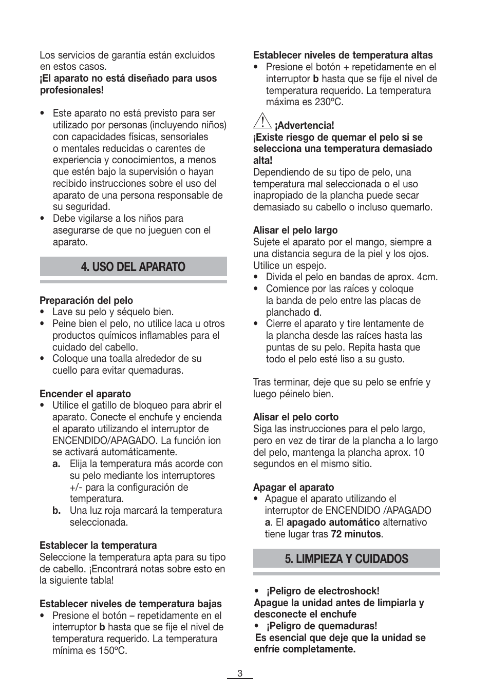 Limpieza y cuidados, Uso del aparato | Fagor PP-100 User Manual | Page 4 / 46