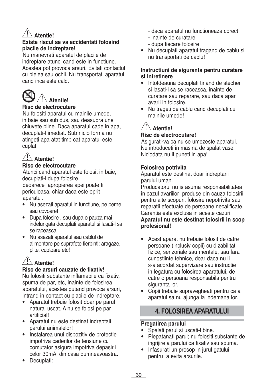 Folosirea aparatului | Fagor PP-100 User Manual | Page 40 / 46