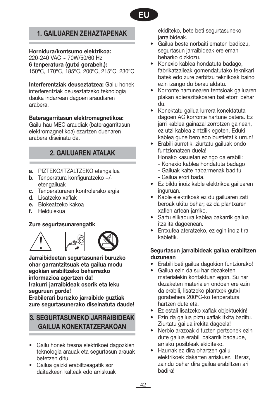 Segurtasuneko jarraibideak gailua konektatzerakoan, Gailuaren atalak 1. gailuaren zehaztapenak | Fagor PP-100 User Manual | Page 43 / 46