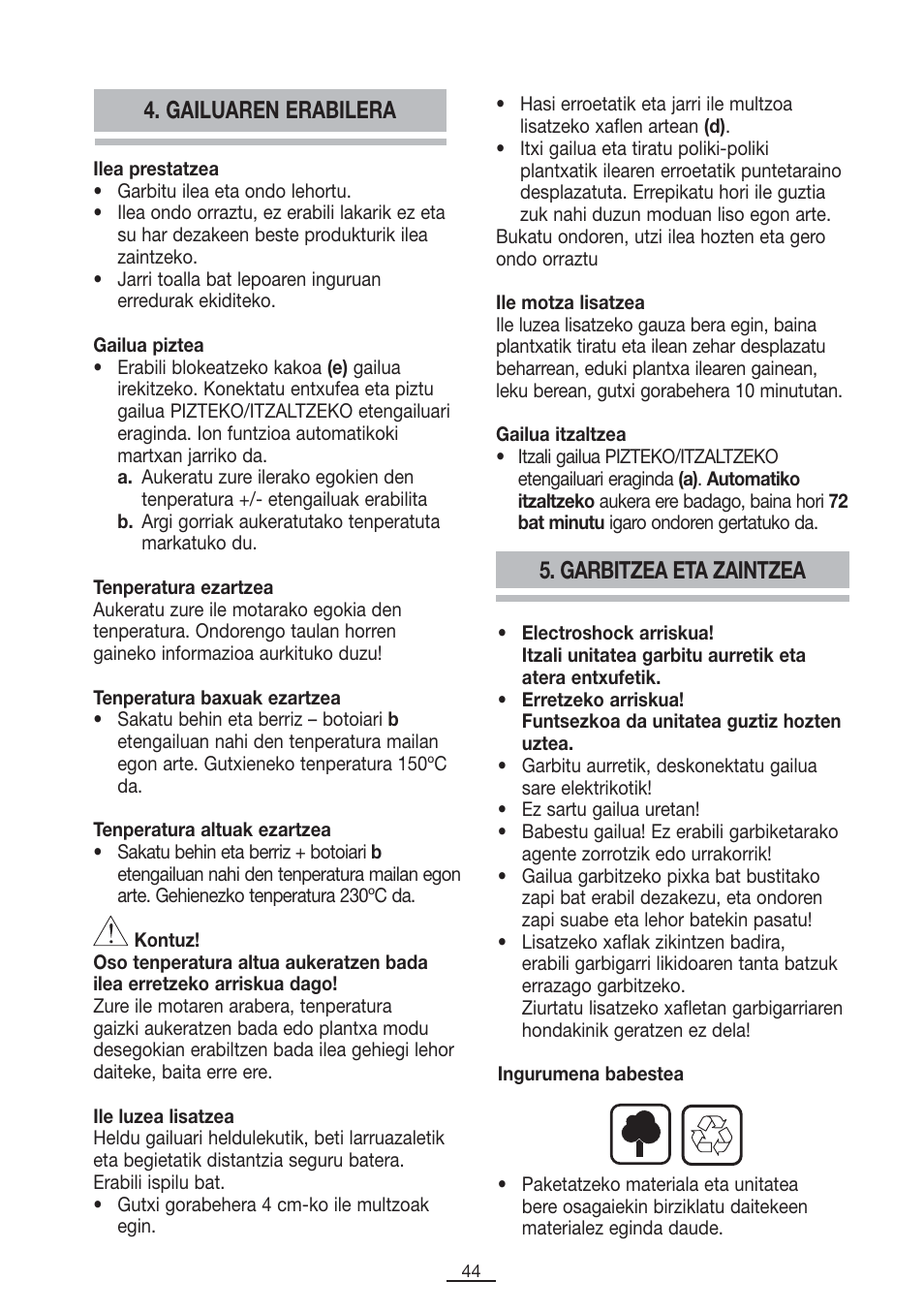 Gailuaren erabilera 5. garbitzea eta zaintzea | Fagor PP-100 User Manual | Page 45 / 46