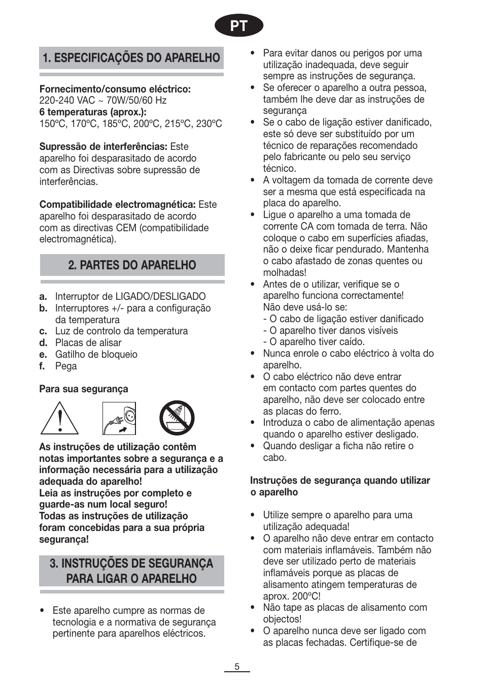 Instruções de segurança para ligar o aparelho, Partes do aparelho 1. especificações do aparelho | Fagor PP-100 User Manual | Page 6 / 46