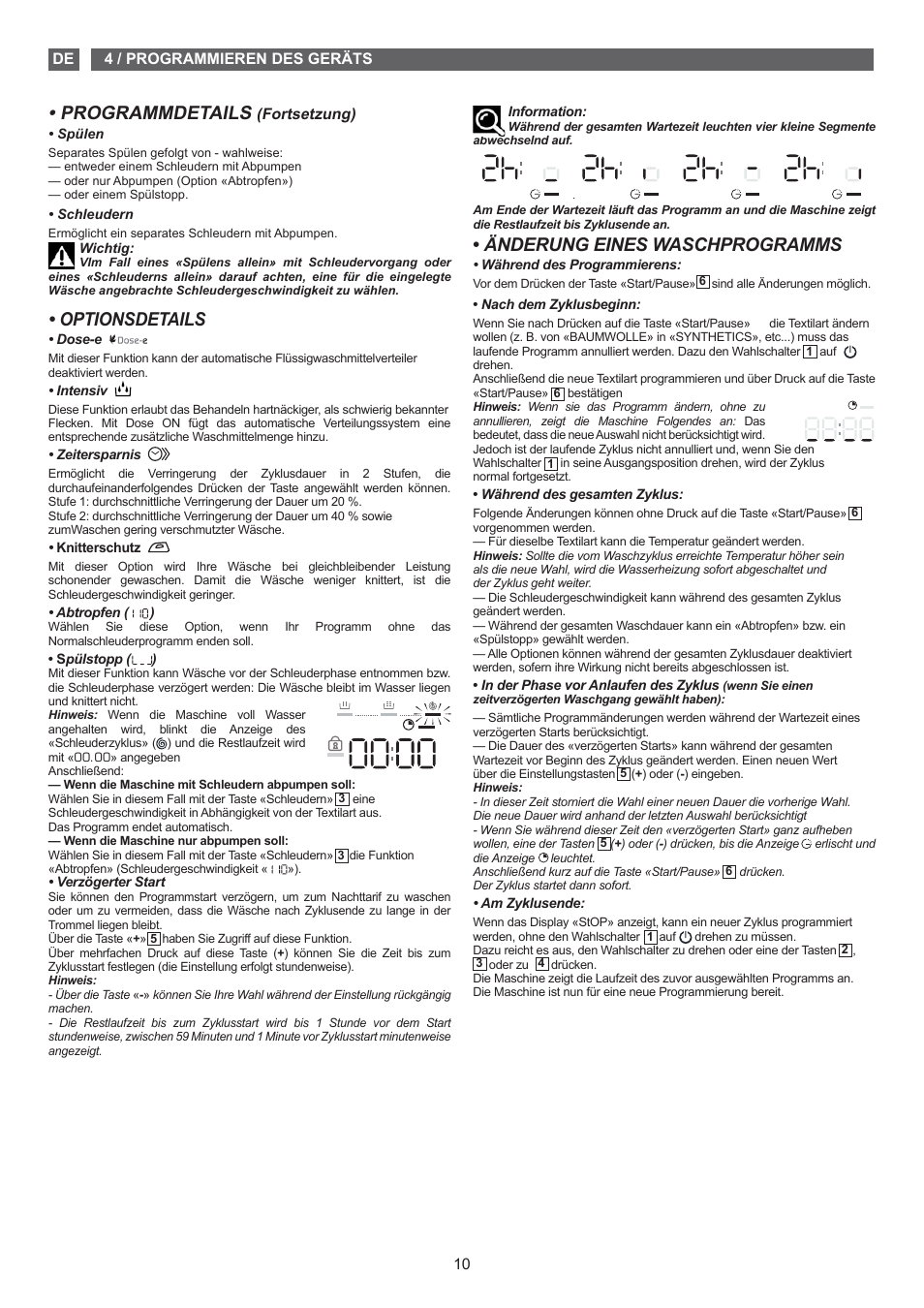 Änderung eines waschprogramms, Programmdetails, Optionsdetails | 10 4 / programmieren des geräts de, Fortsetzung) | Fagor FET-6412D User Manual | Page 10 / 52