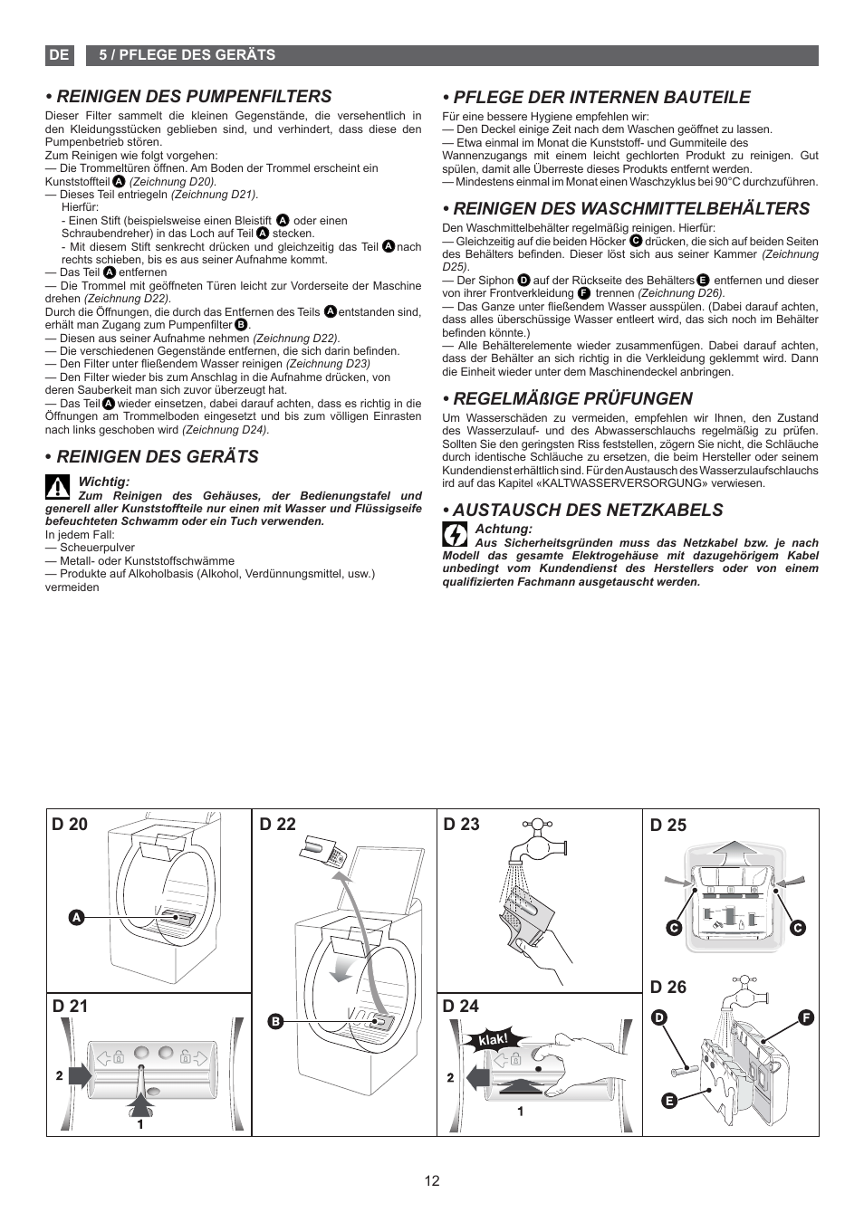 Reinigen des geräts, Pflege der internen bauteile, Reinigen des waschmittelbehälters | Regelmäßige prüfungen, Austausch des netzkabels, D 25 d 26 | Fagor FET-6412D User Manual | Page 12 / 52