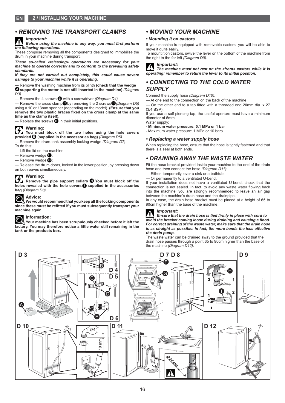 Moving your machine, Connecting to the cold water supply, Draining away the waste water | Removing the transport clamps | Fagor FET-6412D User Manual | Page 16 / 52