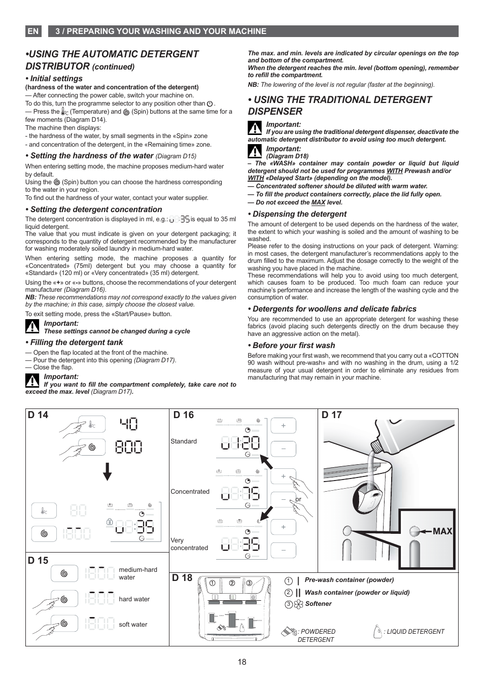 Using the automatic detergent distributor, Using the traditional detergent dispenser | Fagor FET-6412D User Manual | Page 18 / 52