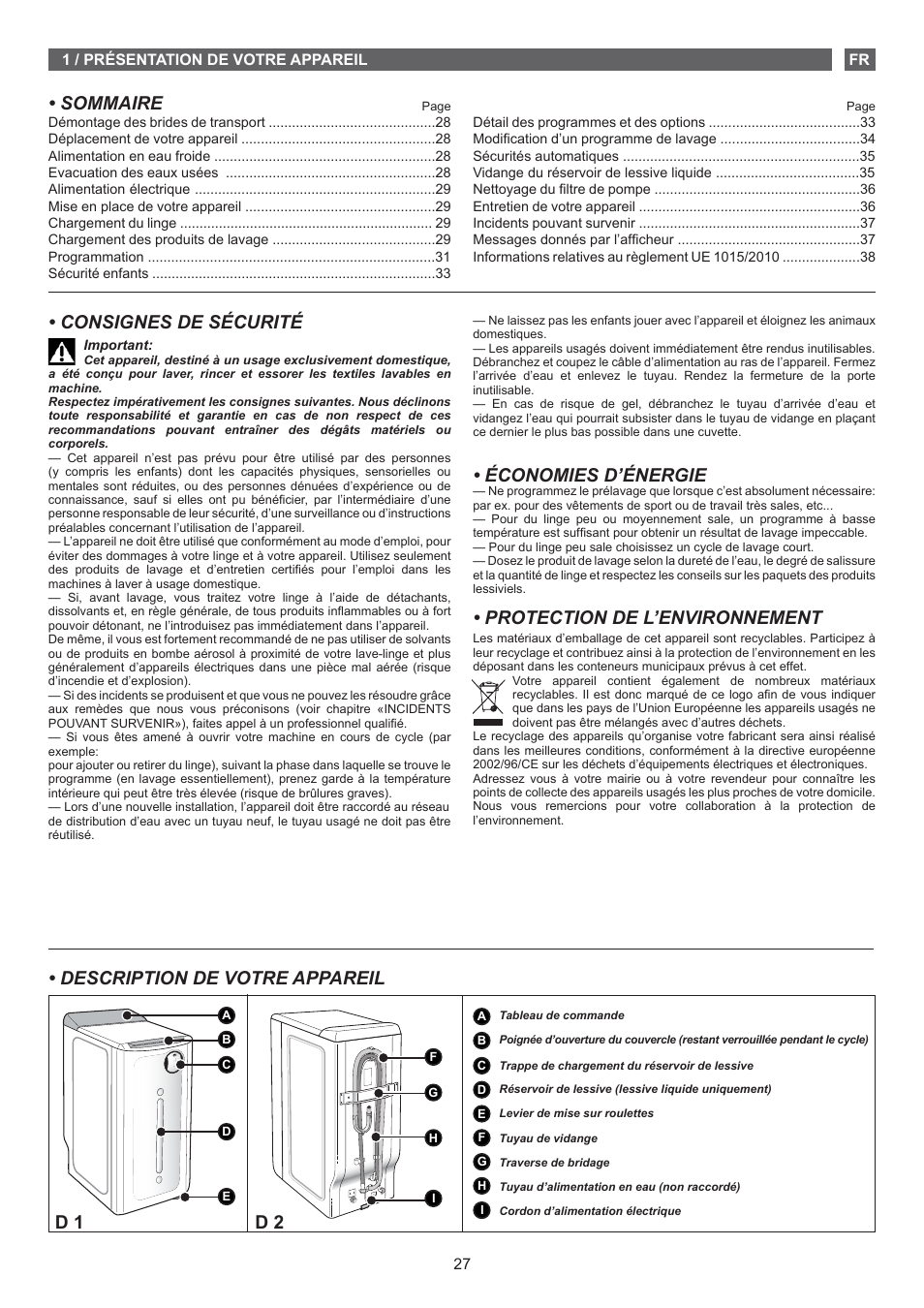 Consignes de sécurité, Sommaire, Économies d’énergie | Protection de l’environnement, Description de votre appareil, D 1 d 2 | Fagor FET-6412D User Manual | Page 27 / 52