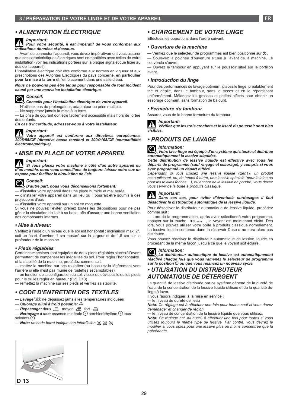 Chargement de votre linge, Produits de lavage, Alimentation électrique | Mise en place de votre appareil, Code d’entretien des textiles, D 13 | Fagor FET-6412D User Manual | Page 29 / 52