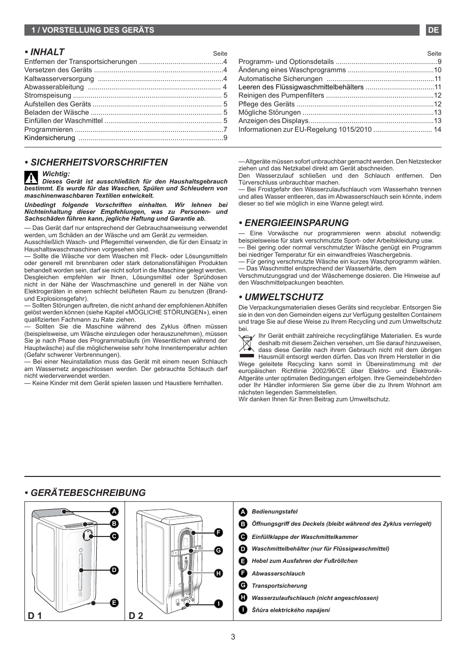 Energieeinsparung, Umweltschutz, Inhalt | Gerätebeschreibung, Sicherheitsvorschriften, D 1 d 2 | Fagor FET-6412D User Manual | Page 3 / 52