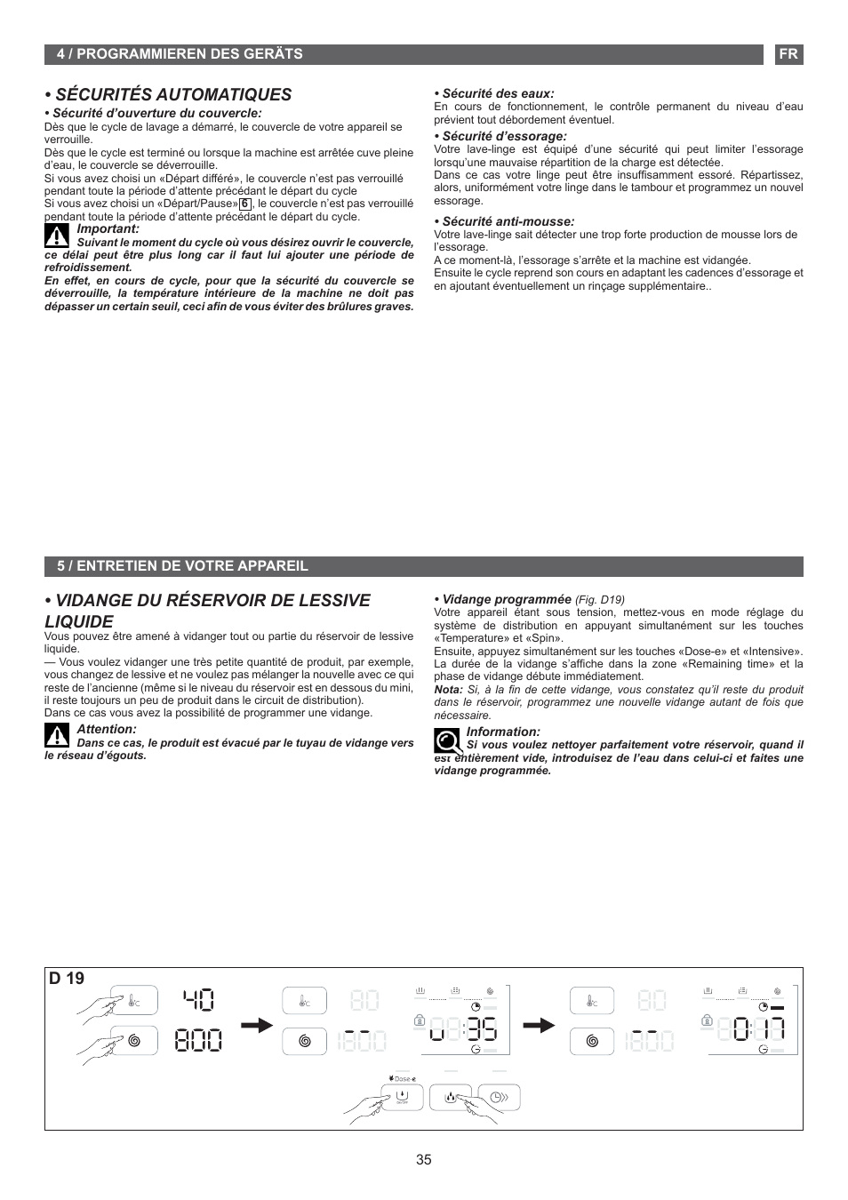 Sécurités automatiques, Vidange du réservoir de lessive liquide, D 19 | Fagor FET-6412D User Manual | Page 35 / 52