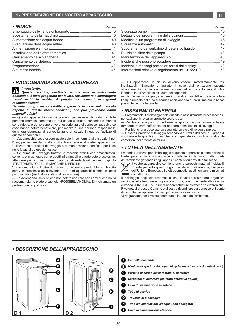 Indice, Descrizione dell’apparecchio, Raccomandazioni di sicurezza | Risparmi di energia, Tutela dell’ambiente, D 1 d 2 | Fagor FET-6412D User Manual | Page 39 / 52