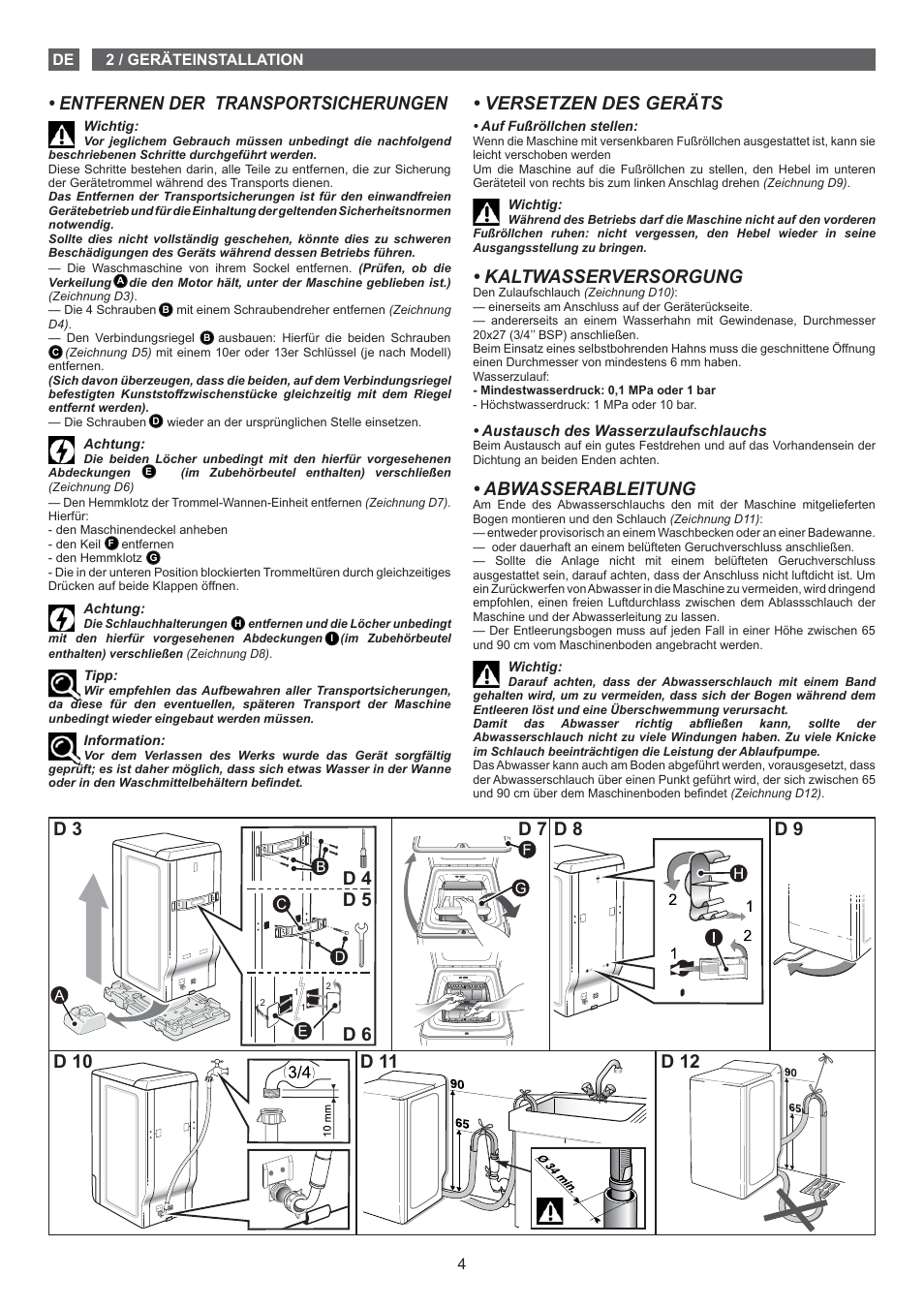 Versetzen des geräts, Kaltwasserversorgung, Abwasserableitung | Entfernen der transportsicherungen | Fagor FET-6412D User Manual | Page 4 / 52