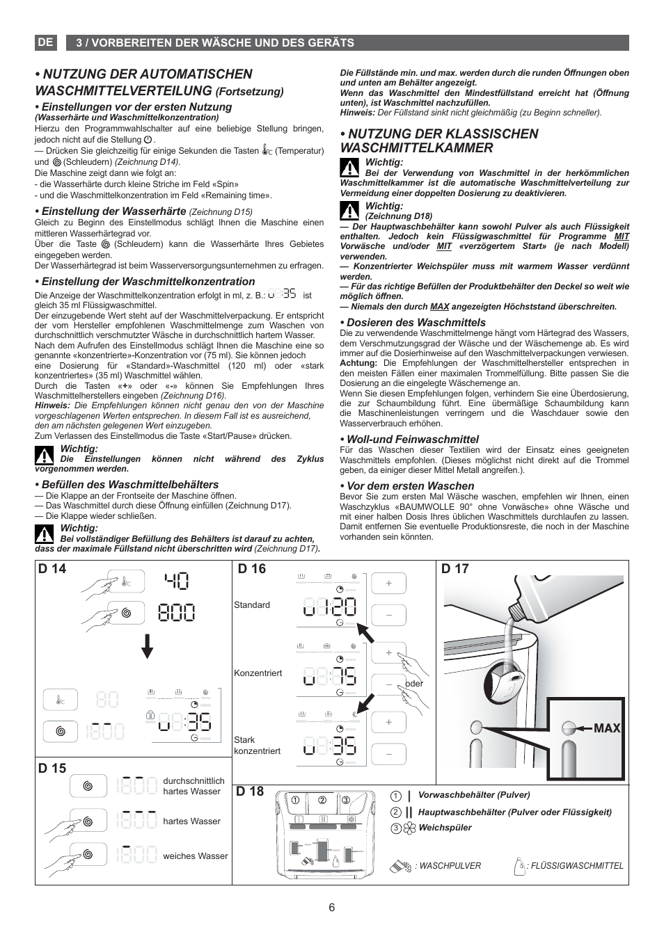 Nutzung der klassischen waschmittelkammer, Nutzung der automatischen waschmittelverteilung | Fagor FET-6412D User Manual | Page 6 / 52