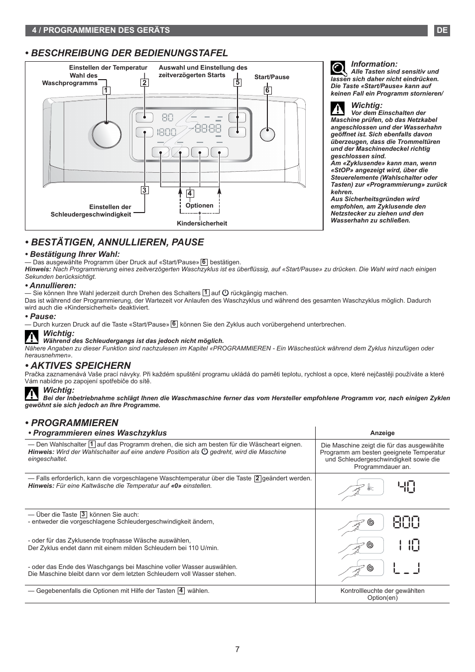 Beschreibung der bedienungstafel, Bestätigen, annullieren, pause, Aktives speichern | Programmieren | Fagor FET-6412D User Manual | Page 7 / 52