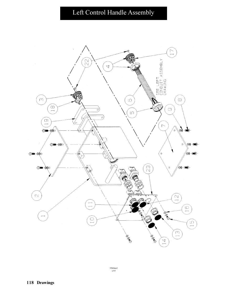 Left control handle assembly | Hawk Industries Hawkjaw Jr. Manual 65K-ALS Serial Numbers 4 to 9 User Manual | Page 118 / 139