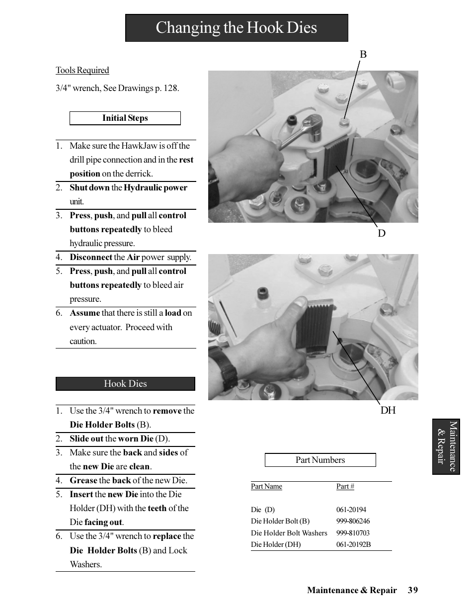 Changing the hook dies | Hawk Industries Hawkjaw Jr. Manual 65K-ALS Serial Numbers 4 to 9 User Manual | Page 39 / 139