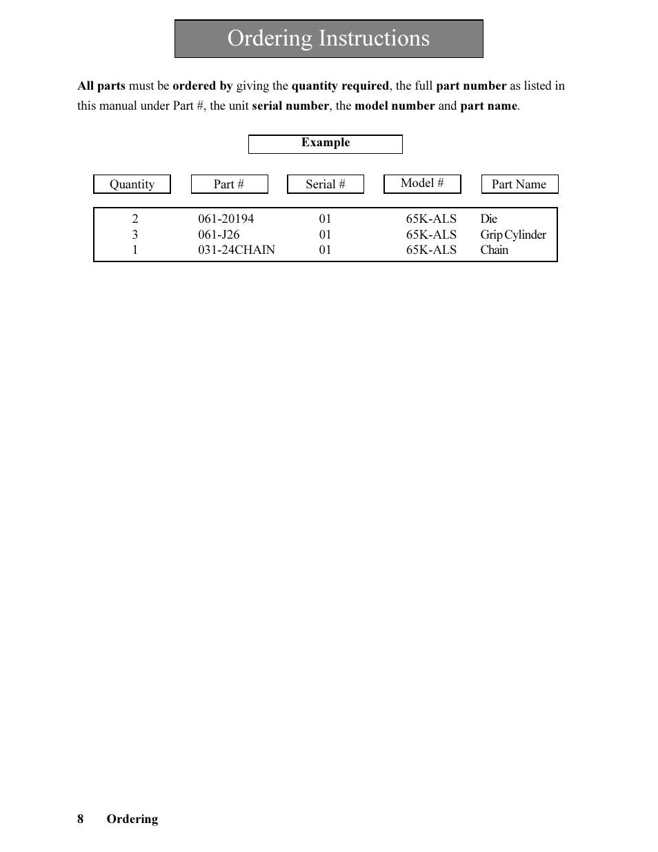 Ordering instructions | Hawk Industries Hawkjaw Jr. Manual 65K-ALS Serial Numbers 4 to 9 User Manual | Page 8 / 139