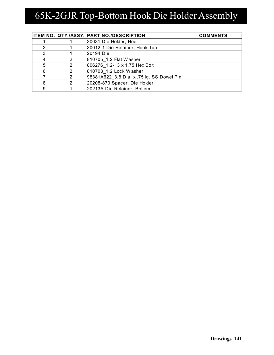 65k-2gjr top-bottom hook die holder assembly | Hawk Industries Hawkjaw Jr. Manual 65K-2GJR Serial Numbers 10 to 20 User Manual | Page 141 / 151