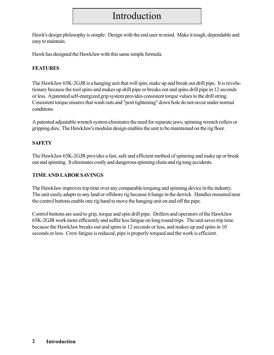 Introduction | Hawk Industries Hawkjaw Jr. Manual 65K-2GJR Serial Numbers 10 to 20 User Manual | Page 2 / 151