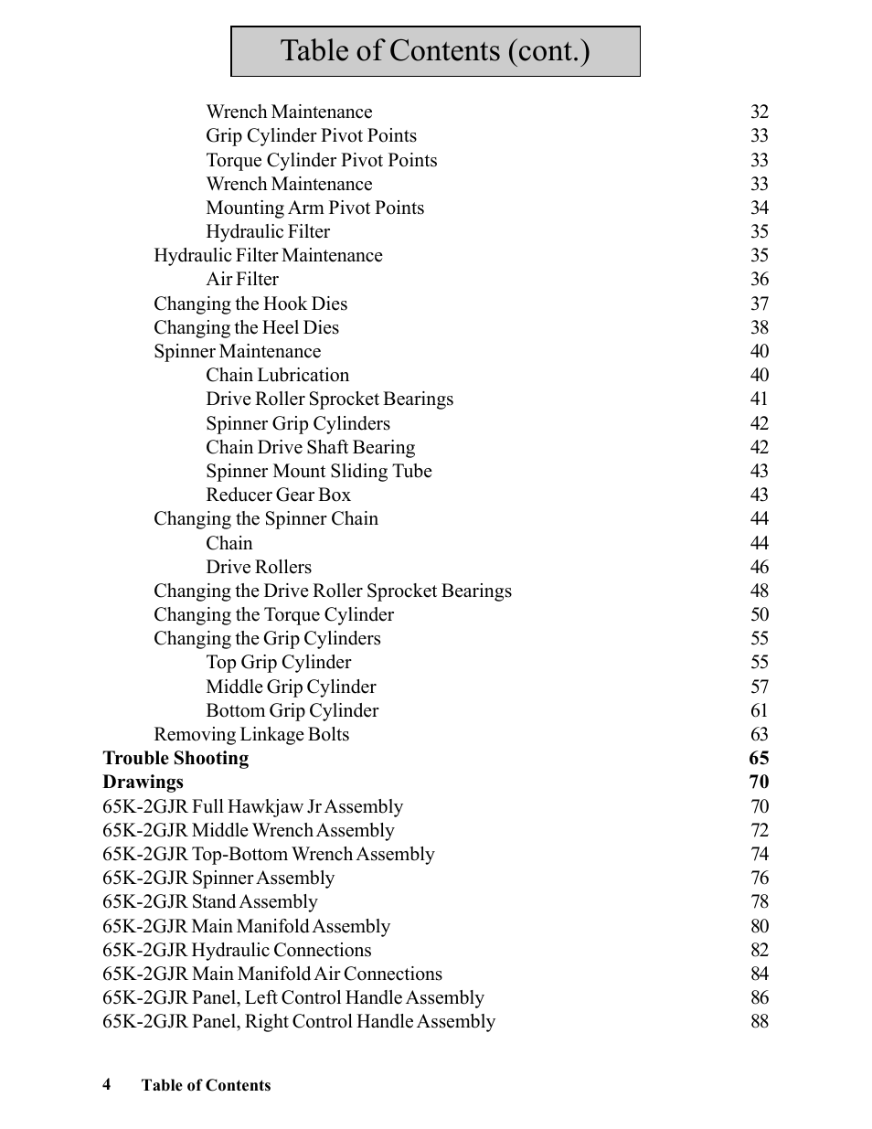 Table of contents (cont.) | Hawk Industries Hawkjaw Jr. Manual 65K-2GJR Serial Numbers 10 to 20 User Manual | Page 4 / 151
