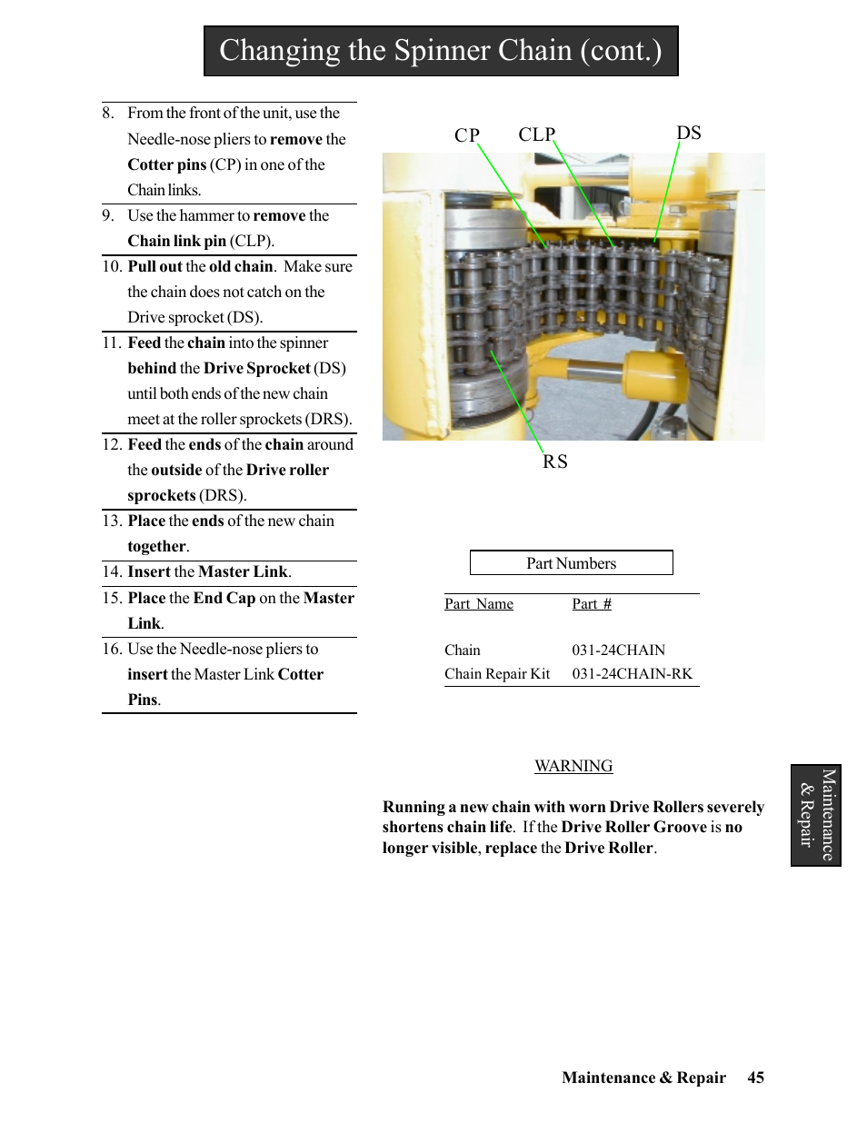 Changing the spinner chain (cont.) | Hawk Industries Hawkjaw Jr. Manual 65K-2GJR Serial Numbers 10 to 20 User Manual | Page 45 / 151