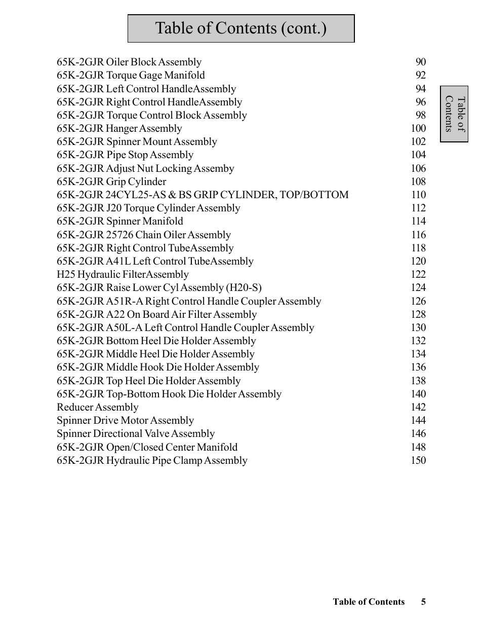 Table of contents (cont.) | Hawk Industries Hawkjaw Jr. Manual 65K-2GJR Serial Numbers 10 to 20 User Manual | Page 5 / 151