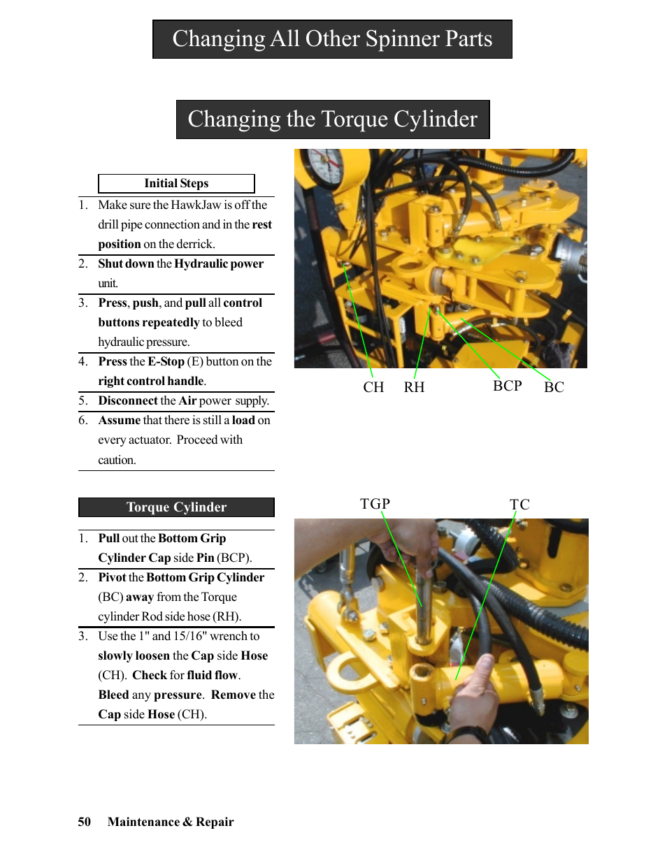Changing the torque cylinder, Changing all other spinner parts | Hawk Industries Hawkjaw Jr. Manual 65K-2GJR Serial Numbers 10 to 20 User Manual | Page 50 / 151
