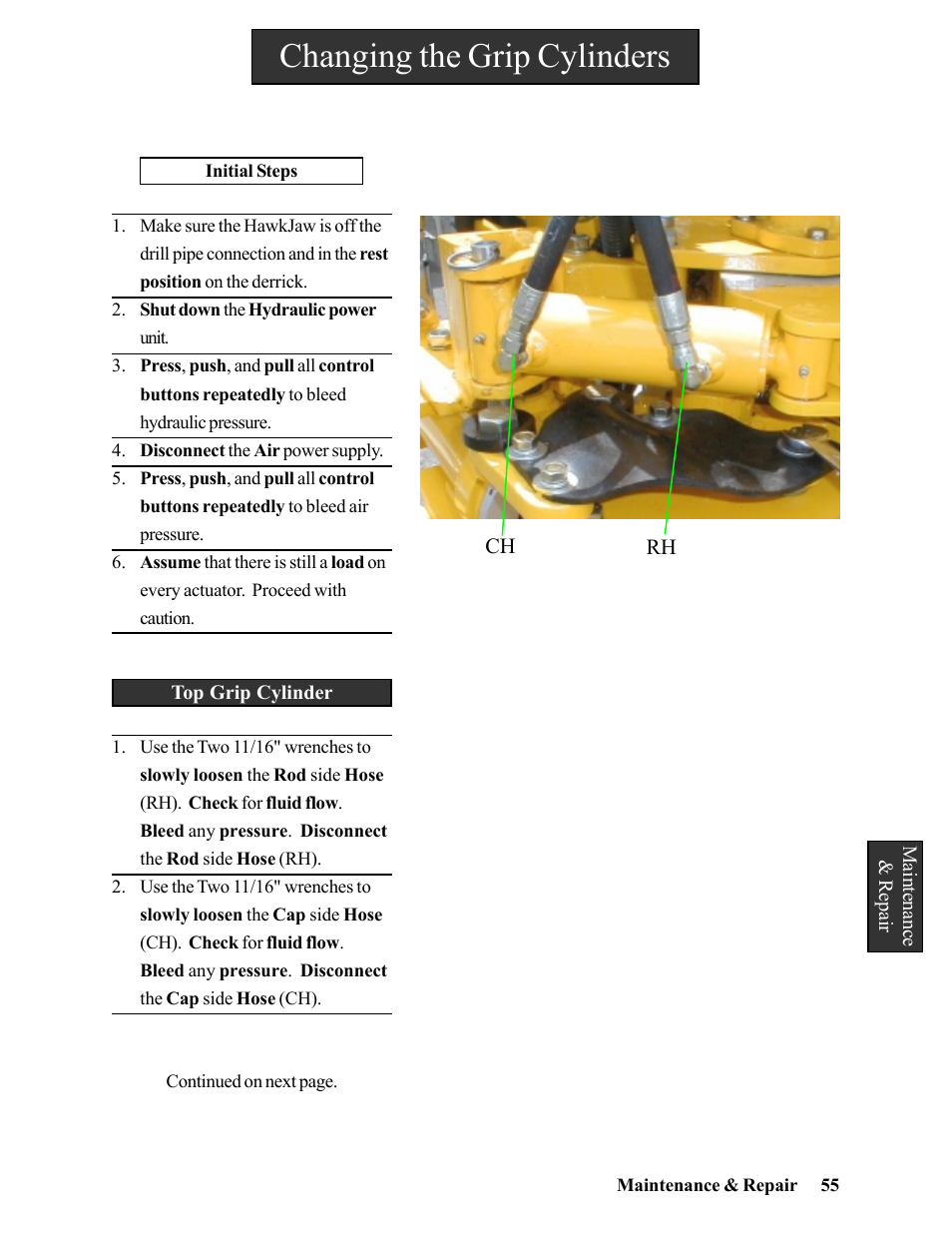 Top grip cylinder, Changing the grip cylinders | Hawk Industries Hawkjaw Jr. Manual 65K-2GJR Serial Numbers 10 to 20 User Manual | Page 55 / 151