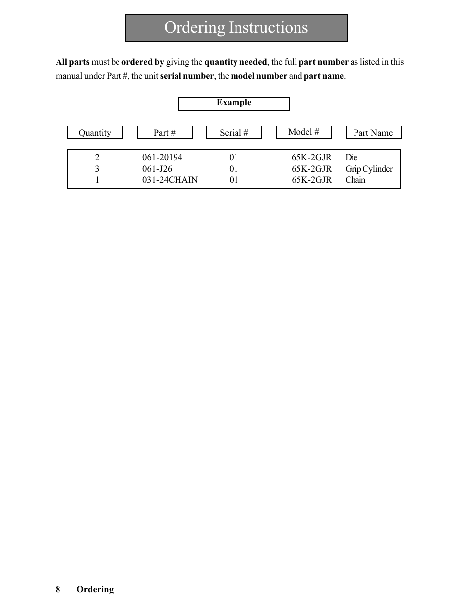 Ordering instructions | Hawk Industries Hawkjaw Jr. Manual 65K-2GJR Serial Numbers 10 to 20 User Manual | Page 8 / 151