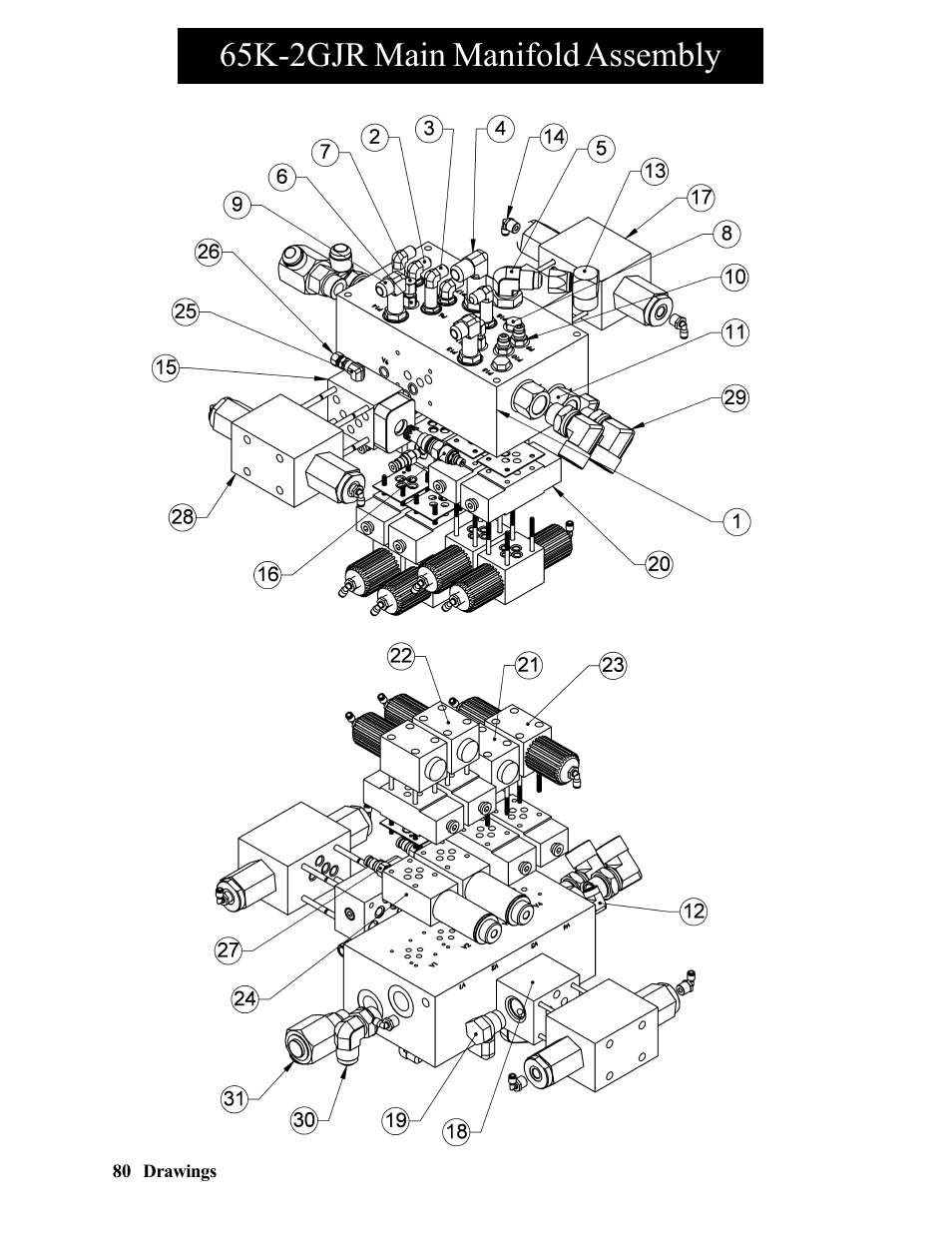 65k-2gjr hydraulic connections, 65k-2gjr main manifold assembly | Hawk Industries Hawkjaw Jr. Manual 65K-2GJR Serial Numbers 10 to 20 User Manual | Page 80 / 151