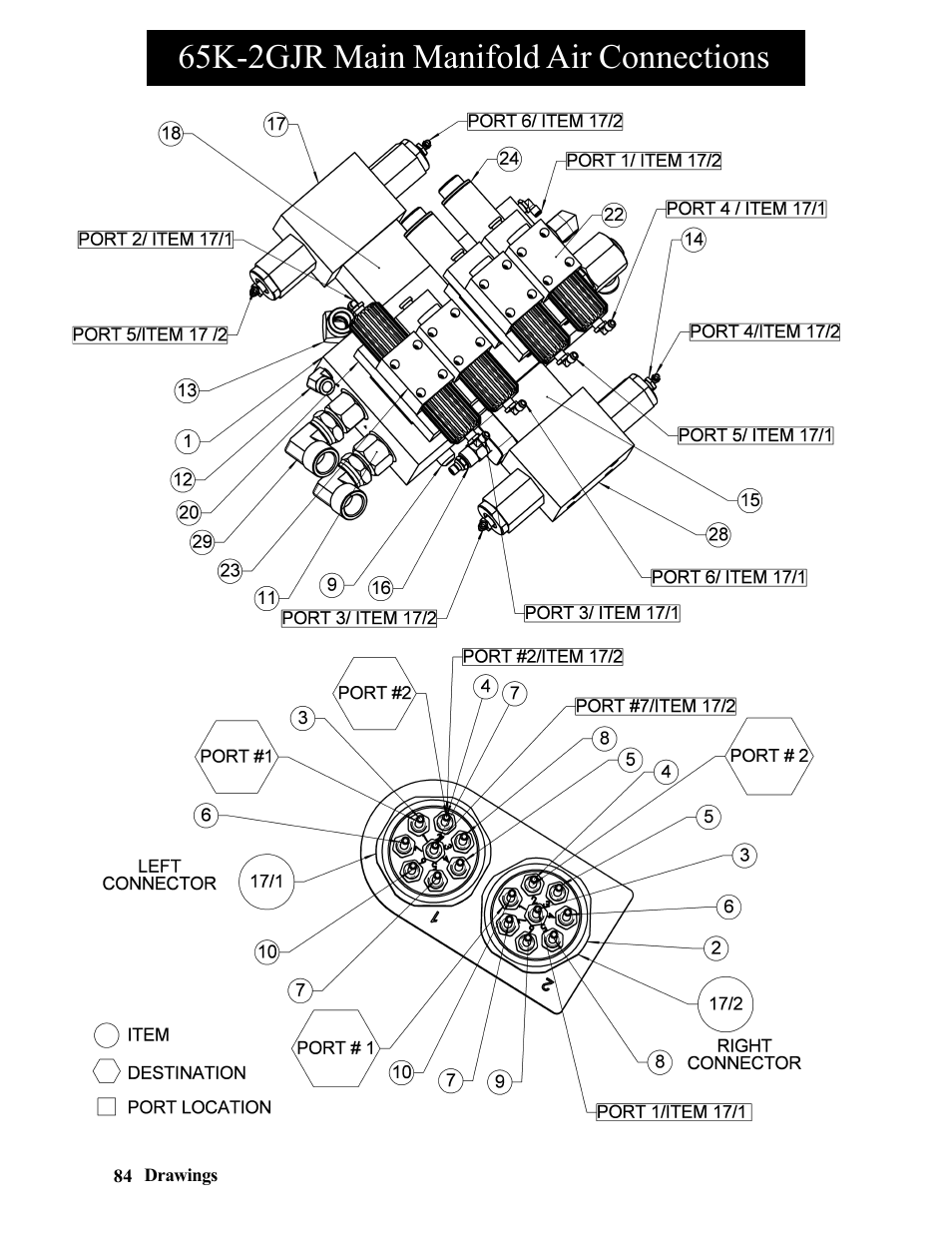 65k-2gjr panel, left control handle assembly, 65k-2gjr main manifold air connections | Hawk Industries Hawkjaw Jr. Manual 65K-2GJR Serial Numbers 10 to 20 User Manual | Page 84 / 151