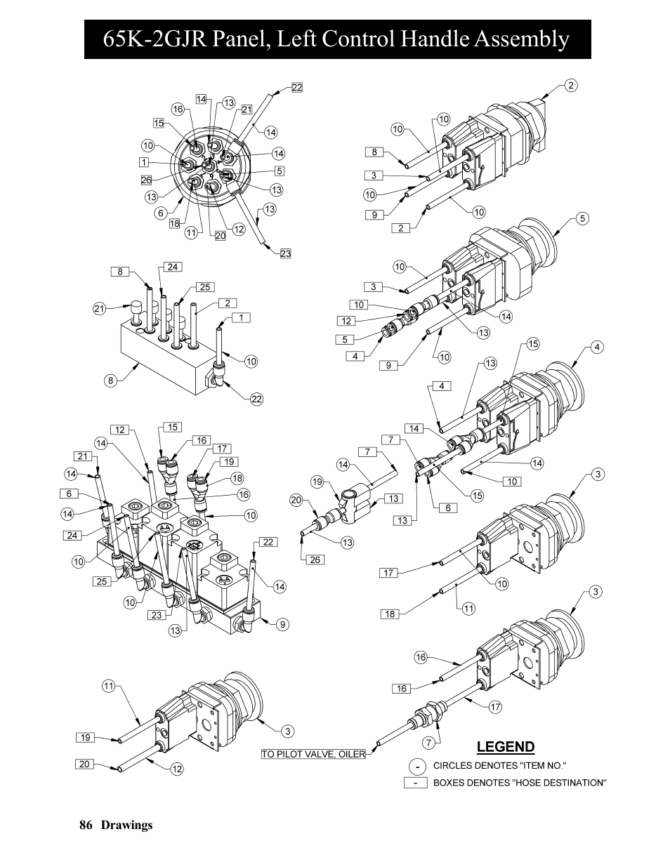 65k-2gjr panel, right control handle assembly, 65k-2gjr panel, left control handle assembly | Hawk Industries Hawkjaw Jr. Manual 65K-2GJR Serial Numbers 10 to 20 User Manual | Page 86 / 151