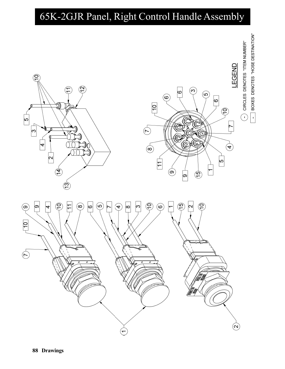 65k-2gjr oiler block assembly, 65k-2gjr panel, right control handle assembly | Hawk Industries Hawkjaw Jr. Manual 65K-2GJR Serial Numbers 10 to 20 User Manual | Page 88 / 151